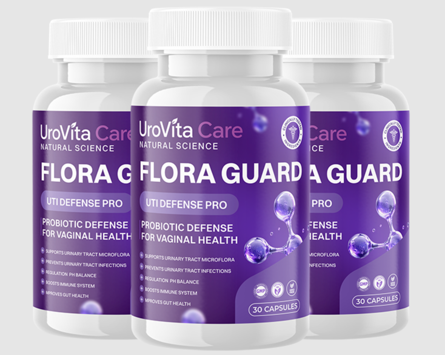UroVita Care Feminine Boost Flora Guard supplement bottles